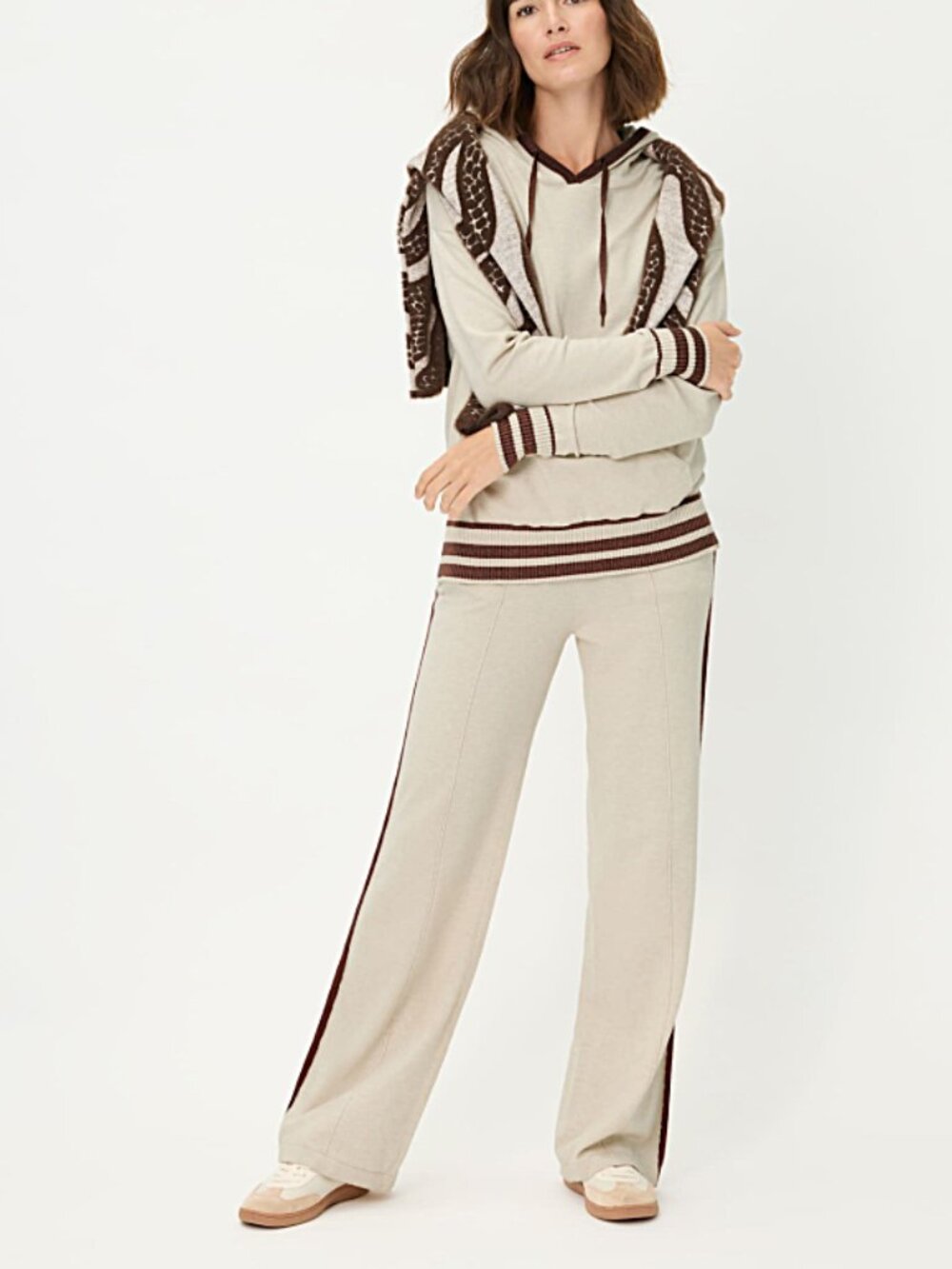Olsen Oatmeal Two Piece Knit Lounge Set Hoodie Wide Leg Pants Size M-L/12